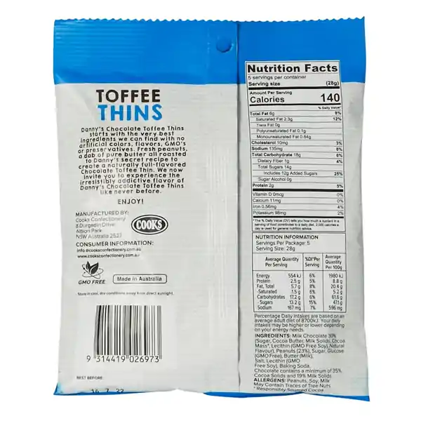 Danny's Toffee Thins - Choc coated Peanut & Sea Salt 140g (12) — additional view