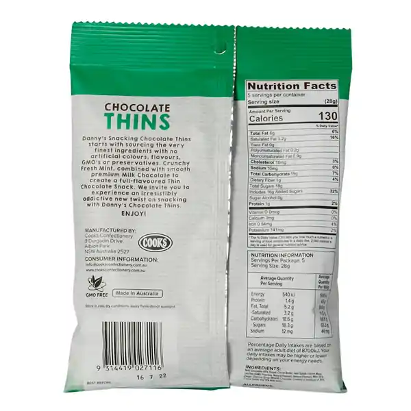 Danny's Choc Thins - Mint 140g (12) — additional view