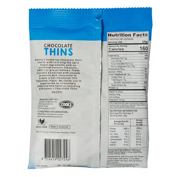 Danny's Choc Thins - Coconut 140g (12) — additional view