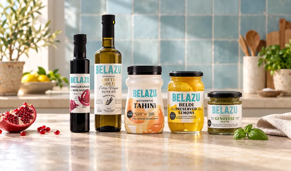 Belazu pomegranate molasses, Crete Gold extra virgin olive oil, tahini, Beldi preserved lemons and Genovese pesto on a kitchen bench