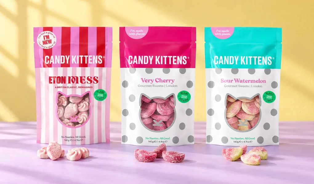 Candy Kittens Eton Mess, Very Cherry and Sour Watermelon gourmet sweets pouches with loose sweets in front