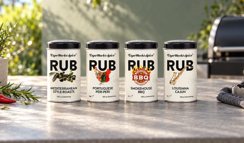 Four Cape Herb & Spice rub tins: Mediterranean Style Roasts, Portuguese Peri Peri, Smokehouse BBQ and Louisiana Cajun on an outdoor bench beside a barbecue