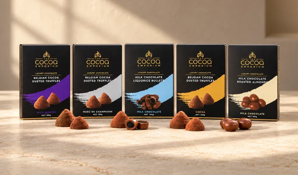 Five boxes of The Cocoa Emporium Belgian cocoa dusted truffles, liquorice bullets and roasted almonds with loose chocolates in front