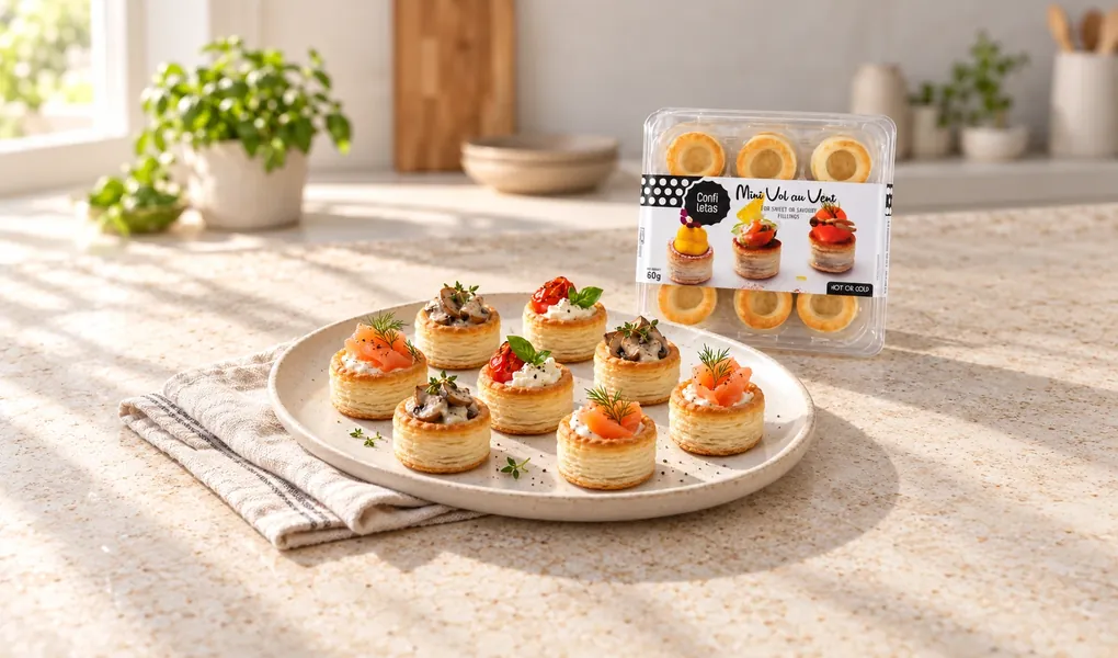 Confiletas mini vol au vent pastry shells filled with smoked salmon, mushroom and tomato on a plate beside the 12-pack