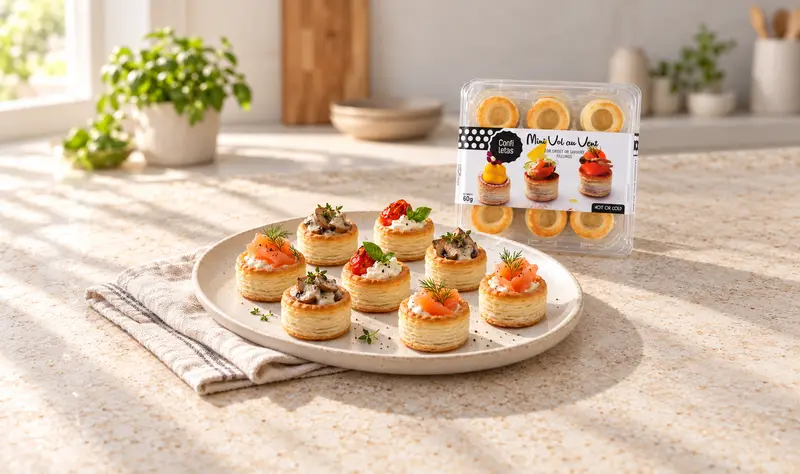 Mini vol au vent canapés filled with smoked salmon, mushroom and roast tomato on a ceramic plate, beside a pack of Confiletas mini vol au vent shells