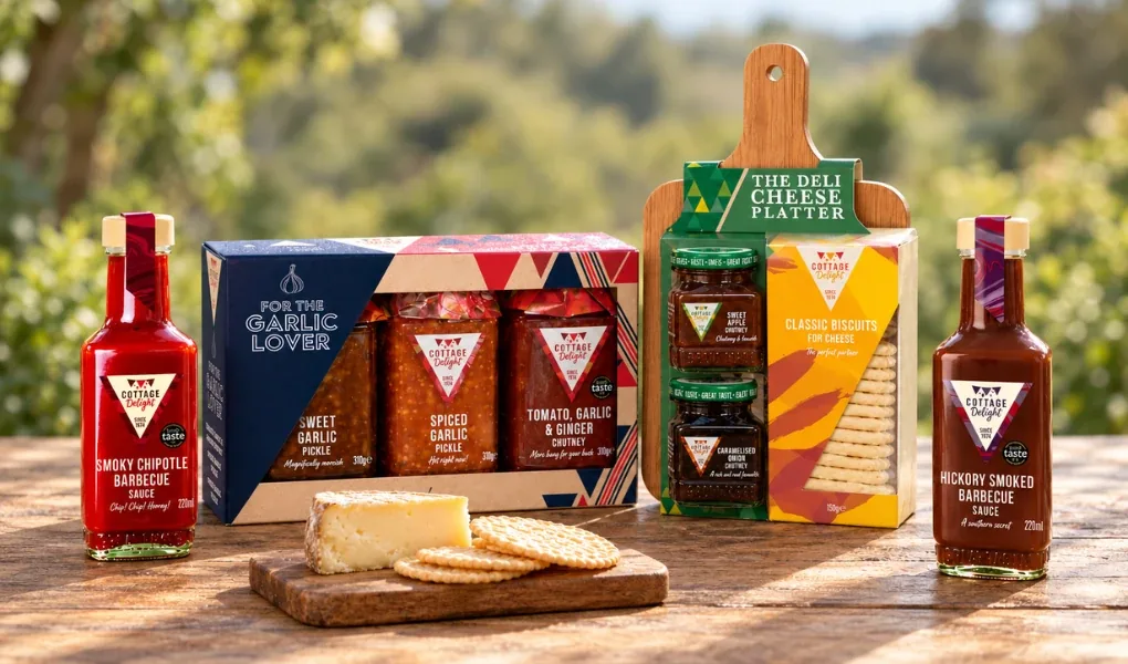 Cottage Delight barbecue sauces, chutneys and gift sets on an outdoor wooden table with cheese and crackers