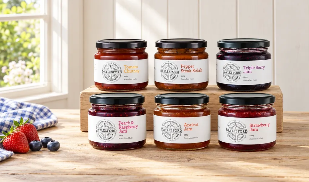 Six jars of Daylesford Condiment Company chutney, relish and jam on a wooden riser beside fresh strawberries and blueberries
