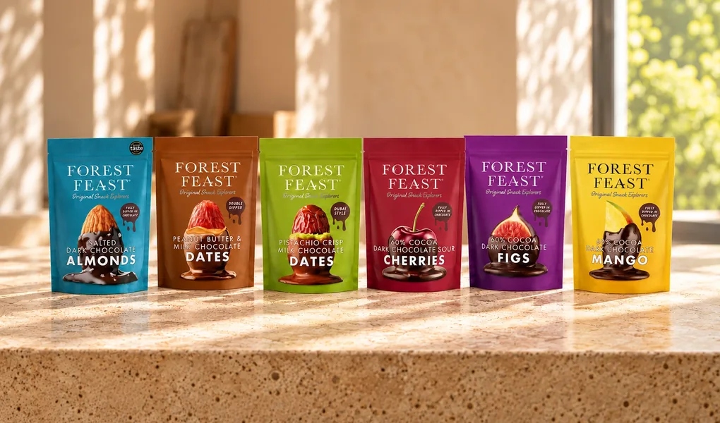 Six Forest Feast chocolate-dipped fruit and nut pouches on a sunlit stone bench