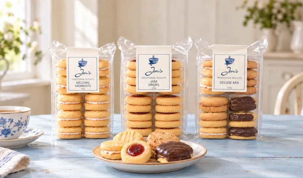 Jen's Traditional Biscuits Melting Moments, Jam Drops and Deluxe Mix packs on a blue kitchen table with a plate of biscuits