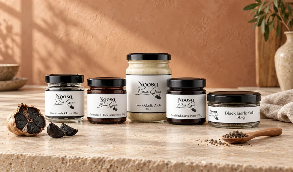 Five jars of Noosa Black Garlic cloves, pastes, aioli and salt on a stone bench with a cut black garlic bulb