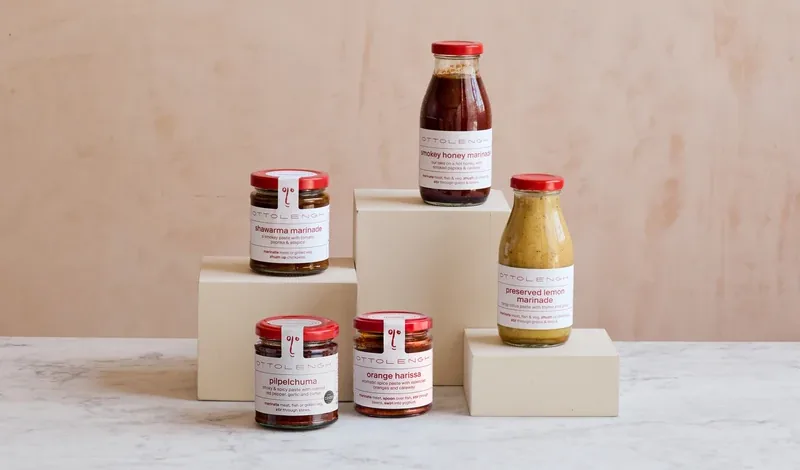 Ottolenghi shawarma marinade, smokey honey marinade, preserved lemon marinade, pilpelchuma and orange harissa on cream blocks