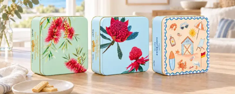 Three Valley Produce Company shortbread tins illustrated with bottlebrush, waratah and an Aussie beach scene, on a timber table beside a plate of shortbread fingers