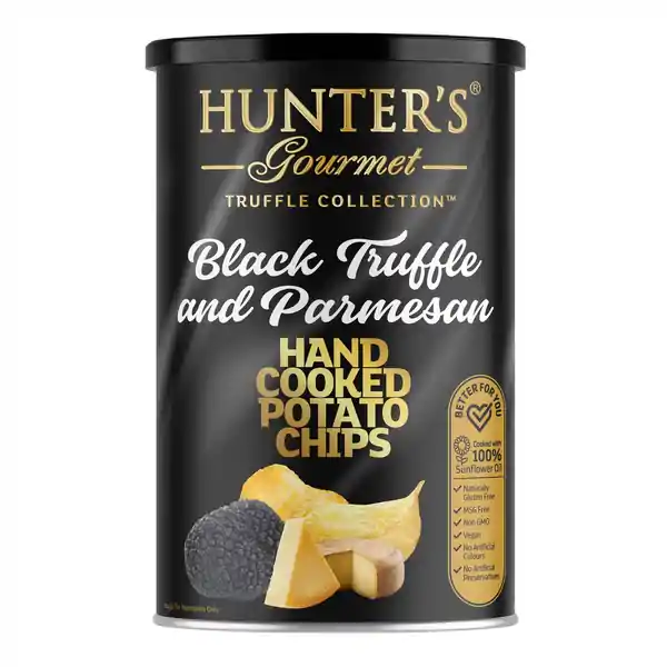 Hunter's Gourmet Hand Cooked Potato Chips Truffle Collection - Black Truffle & Parmesan Canister 150g (12)
