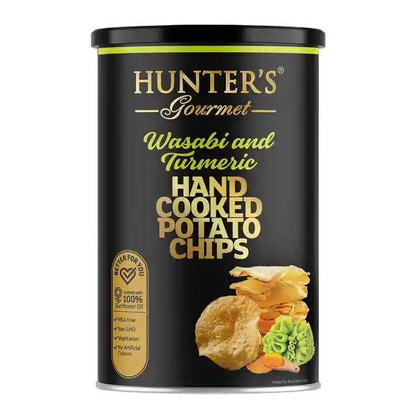 Hunter's Gourmet Hand Cooked Potato Chips Gold Collection - Wasabi and Turmeric Canister 150g (12)
