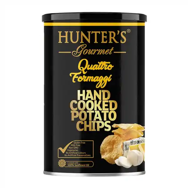 Hunter's Gourmet Hand Cooked Potato Chips Gold Collection - Quattro Formaggi Canister 150g (12)
