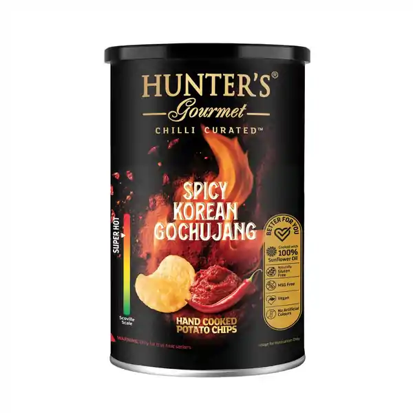 Hunter's Gourmet Hand Cooked Potato Chips Spicy Korean Gochujang Canister 150g (12)
