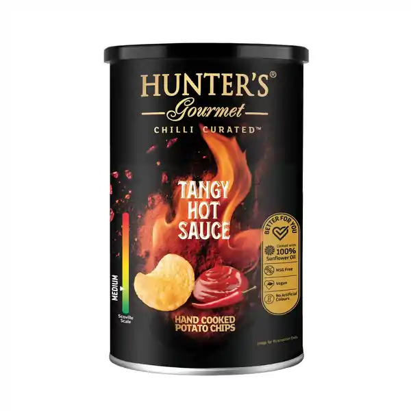 Hunter's Gourmet Hand Cooked Potato Chips Tangy Hot Sauce Canister 150g (12)