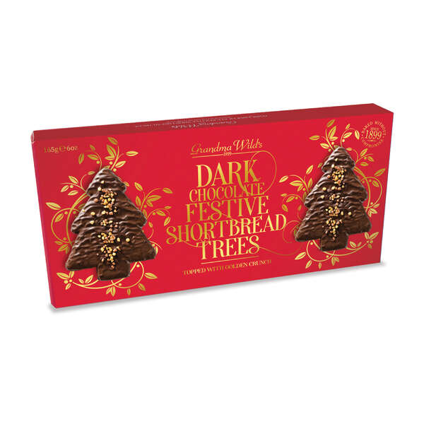 Grandma Wild's Dark Chocolate Festive Shortbread Biscuit Trees topped with Golden Crunch 165g (10)
