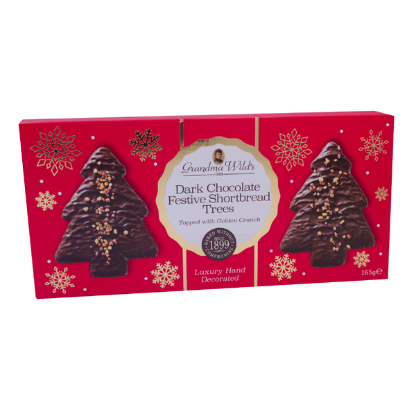 Grandma Wild's Dark Chocolate Festive Shortbread Biscuit Trees topped with Golden Crunch 165g 