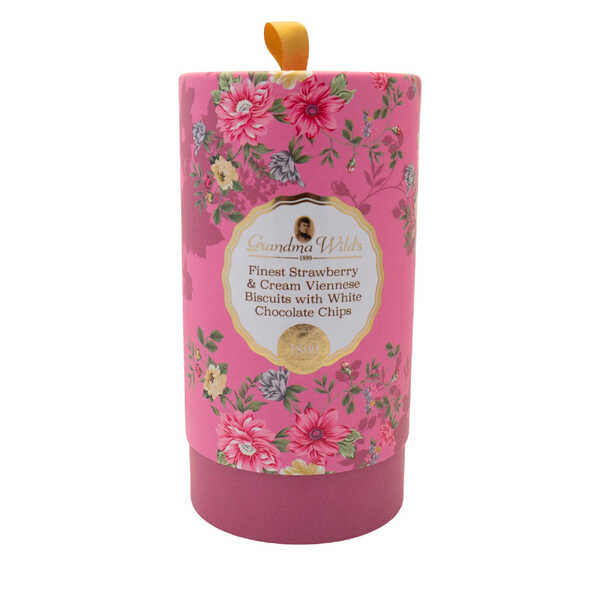 Grandma Wild's - Victorian Floral Buttery Strawberry & Cream with White Chocolate Chips Biscuit Tube 150g 