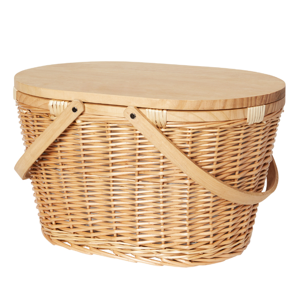 TGP Insulated Wicker Basket with Cheeseboard Lid & Wooden Handle with Shipper Included - Oval 