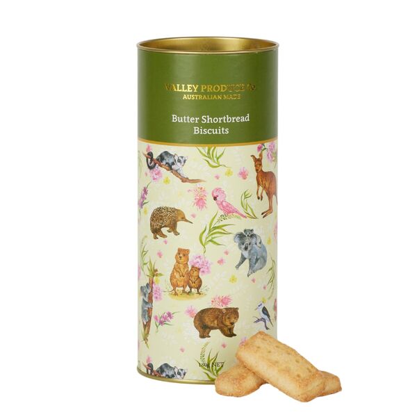 Valley Produce Company Pure Butter Shortbread Embossed Tube - Australian Animals (Yellow) 180g 