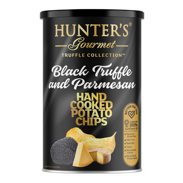 Hunter's Gourmet Hand Cooked Potato Chips Truffle Collection - Black Truffle & Parmesan Canister 150g (12)