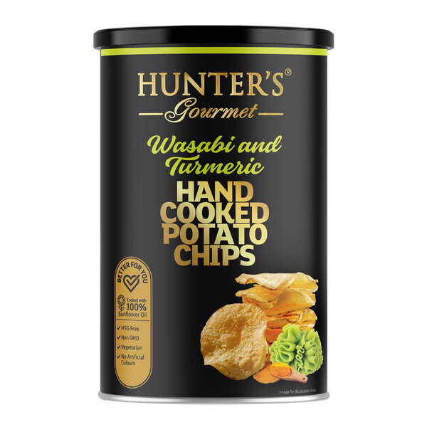 Hunter's Gourmet Hand Cooked Potato Chips Gold Collection - Wasabi and Turmeric Canister 150g (12)