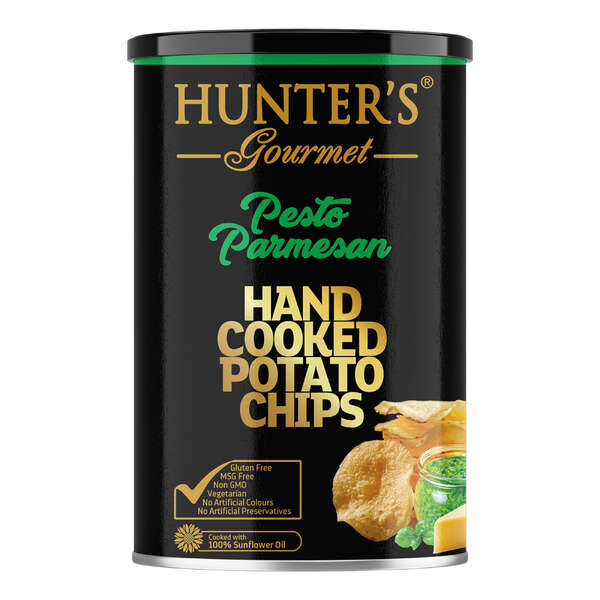 Hunter's Gourmet Hand Cooked Potato Chips Gold Collection - Pesto Parmesan Canister 150g (12)