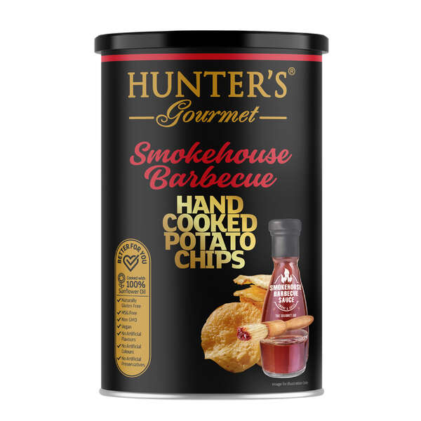 Hunter's Gourmet Hand Cooked Potato Chips Gold Collection - Smokehouse BBQ Canister 150g (12)