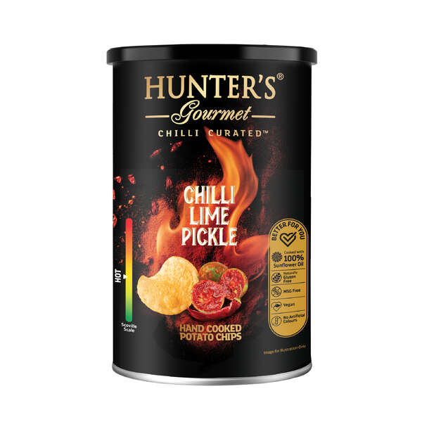 Hunter's Gourmet Hand Cooked Potato Chips Chilli Lime Pickle Canister 150g (12)