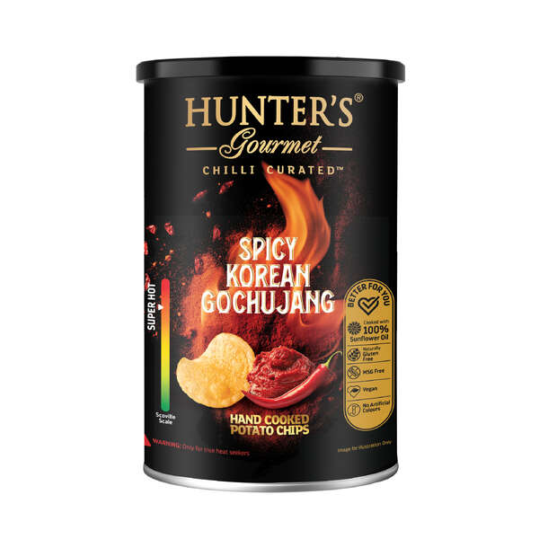 Hunter's Gourmet Hand Cooked Potato Chips Spicy Korean Gochujang Canister 150g (12)