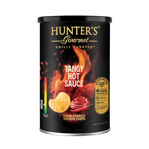 Hunter's Gourmet Hand Cooked Potato Chips Tangy Hot Sauce Canister 150g (12)