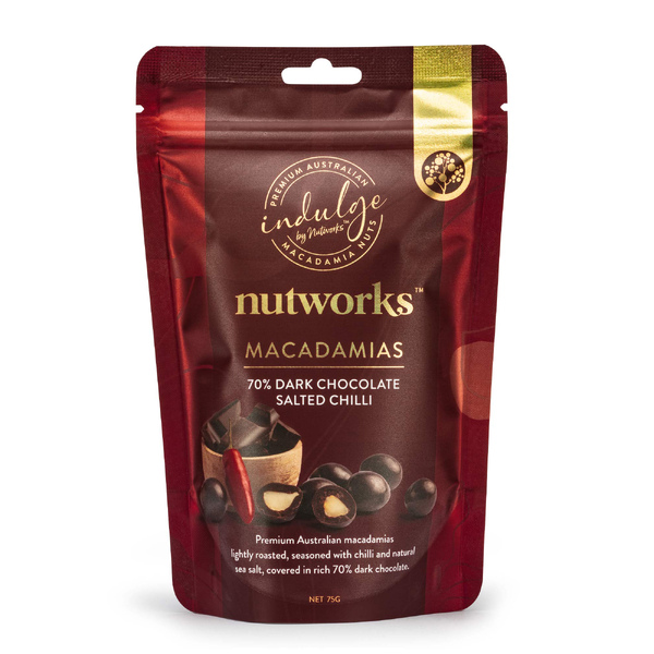 Nutworks 70% Dark Chocolate Salted Chilli Macadamias 75g (12)